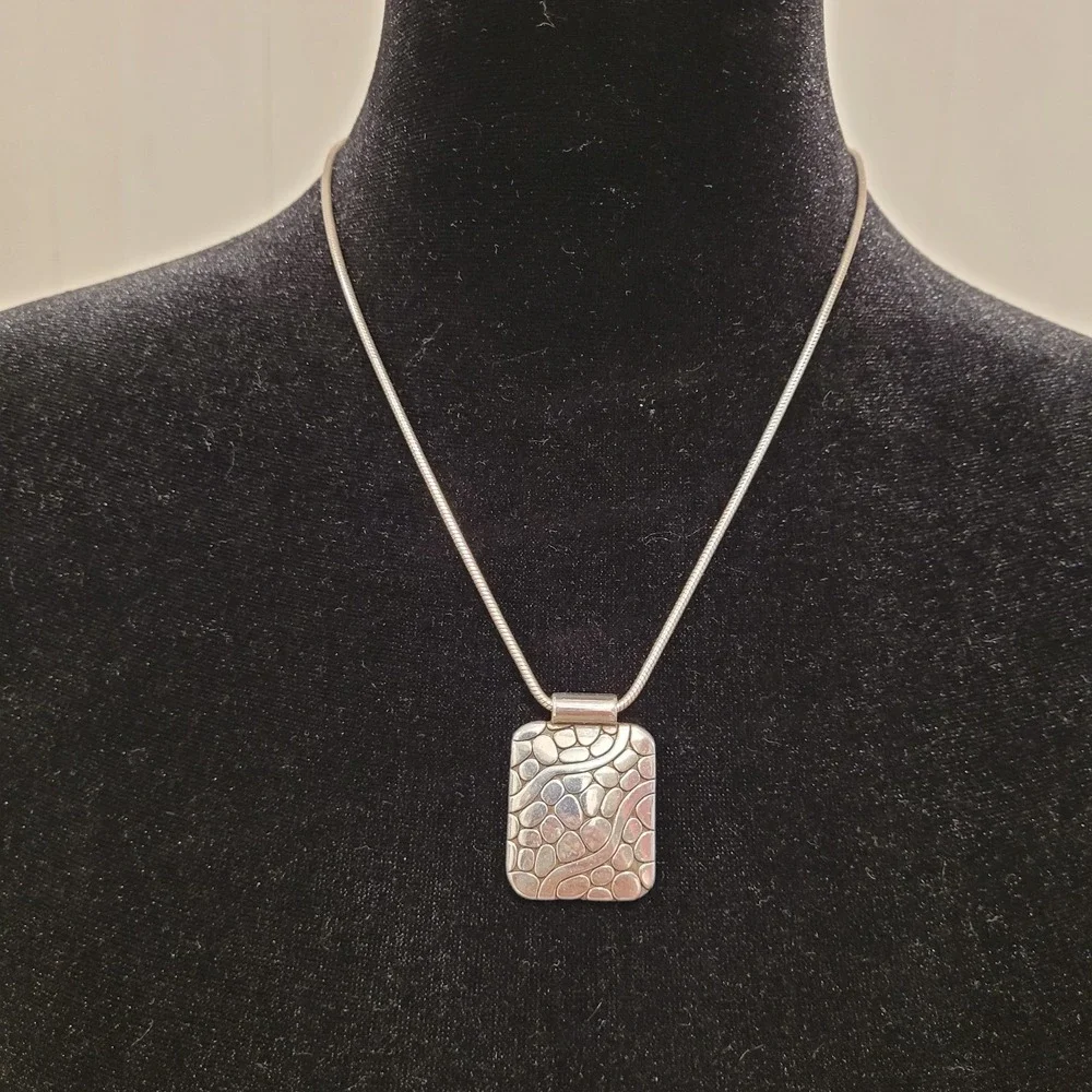 Brighton Silver Pebble Mosaic Rectangle Pendant Necklace - Snake Chain